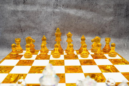 Golden Crystal Resin Chess Set Handmade Luxury Modern Chess Board Decorative Art Design