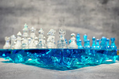 Handmade Ocean Epoxy Resin Chess Set – Luxury Personalized Decorative Wooden Chess Board Design