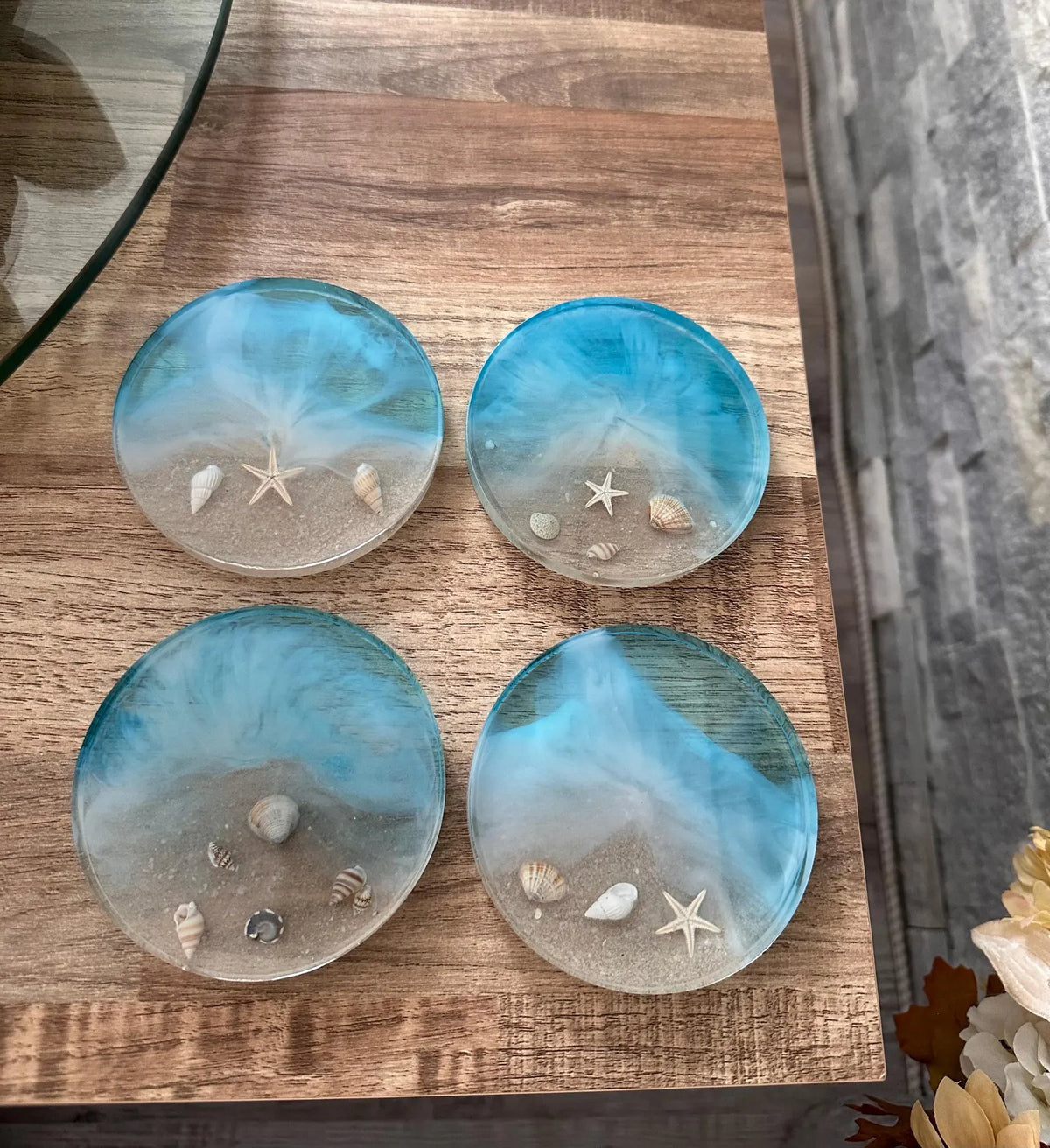 Ocean Resin Coaster, Square Round Seashell Design, Handmade Coastal Table Decor, Beach Inspired Home