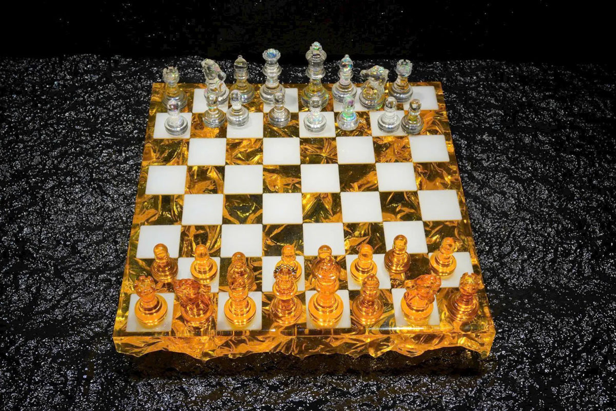Golden Crystal Resin Chess Set Handmade Luxury Modern Chess Board Decorative Art Design