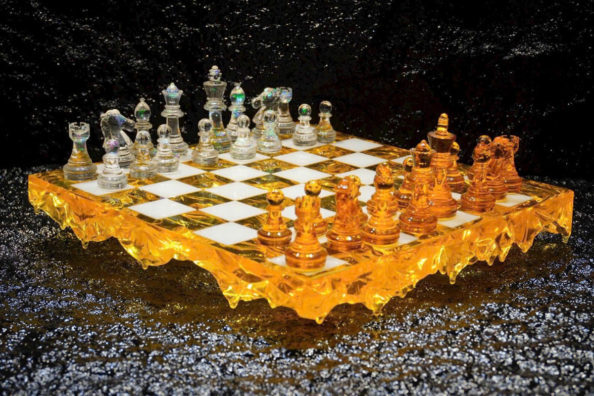 Golden Crystal Resin Chess Set Handmade Luxury Modern Chess Board Decorative Art Design
