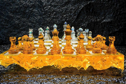 Golden Crystal Resin Chess Set Handmade Luxury Modern Chess Board Decorative Art Design