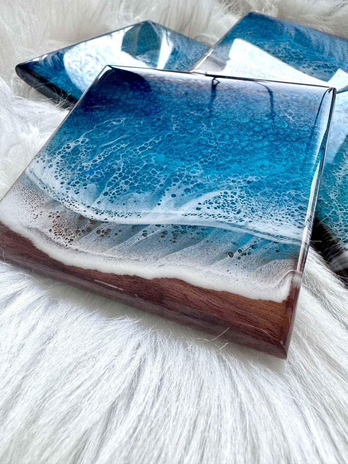 Walnut Ocean Coaster Set, Handmade Resin Beach Coasters, Wood Coastal Home Decor, Set of Four