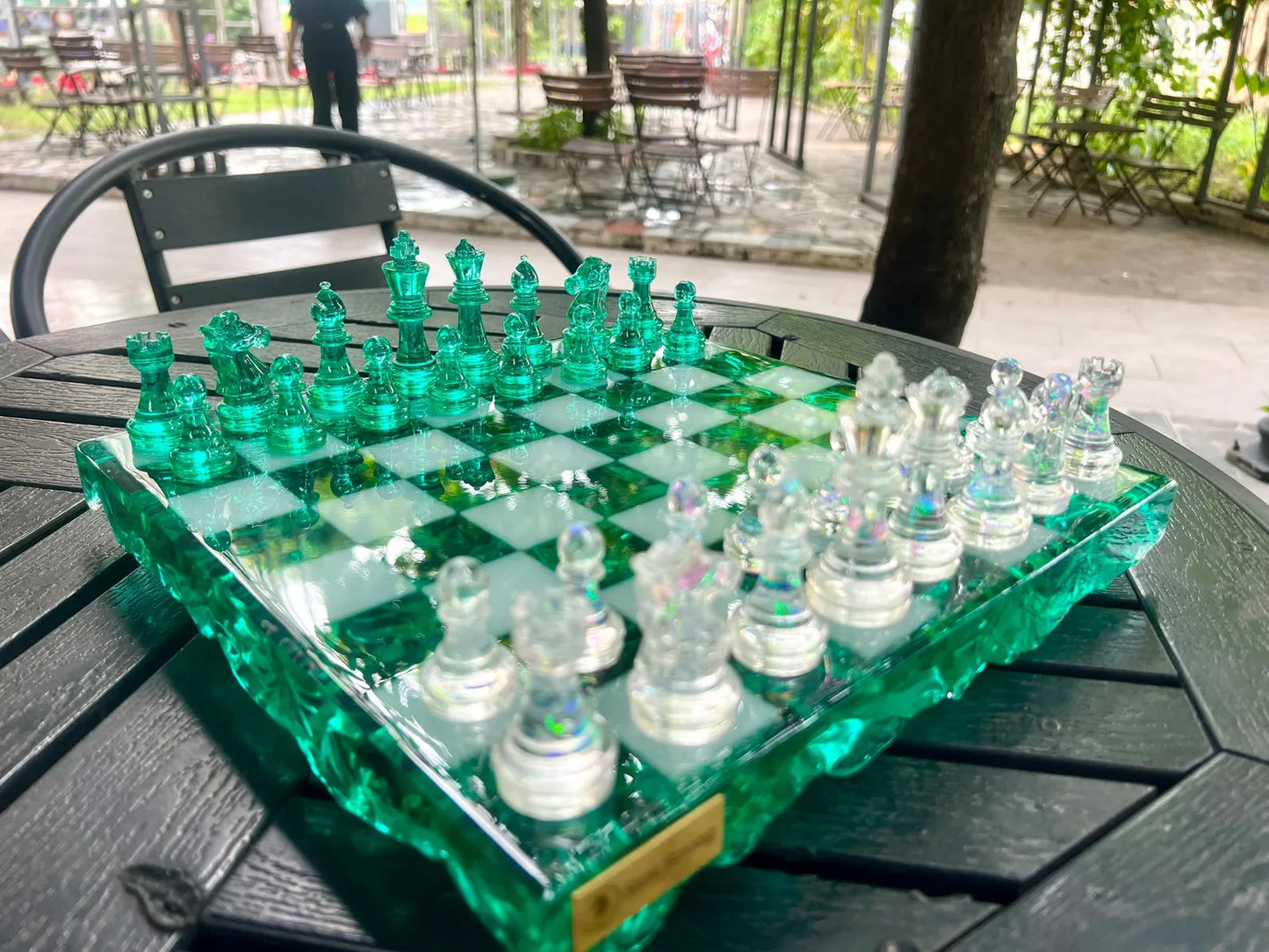 Handmade Dark Green Resin Chess Set – Personalized Luxury Board Game Gift