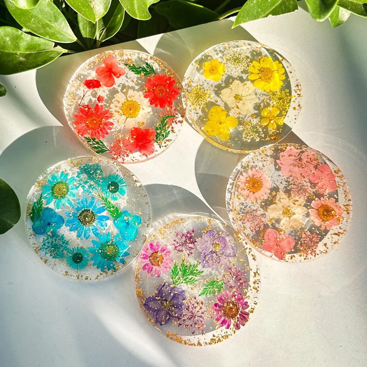 Handmade Pressed Flower Resin Coaster, Real Floral Botanical Decor, Gold Foil Drink Coaster, Personalized
