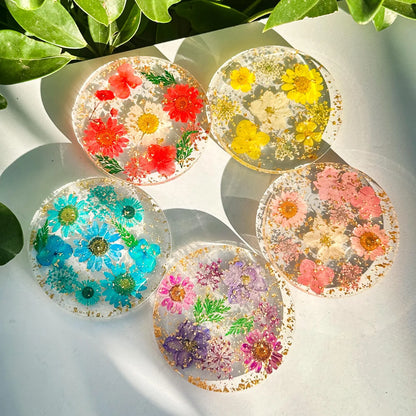 Handmade Pressed Flower Resin Coaster, Real Floral Botanical Decor, Gold Foil Drink Coaster, Personalized