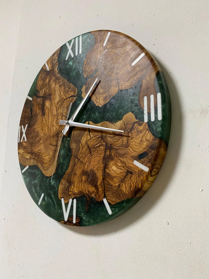 Handcrafted Olive Wood Resin Wall Clock, Green Epoxy Live Edge Rustic Modern Home Decor