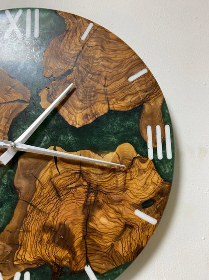 Handcrafted Olive Wood Resin Wall Clock, Green Epoxy Live Edge Rustic Modern Home Decor
