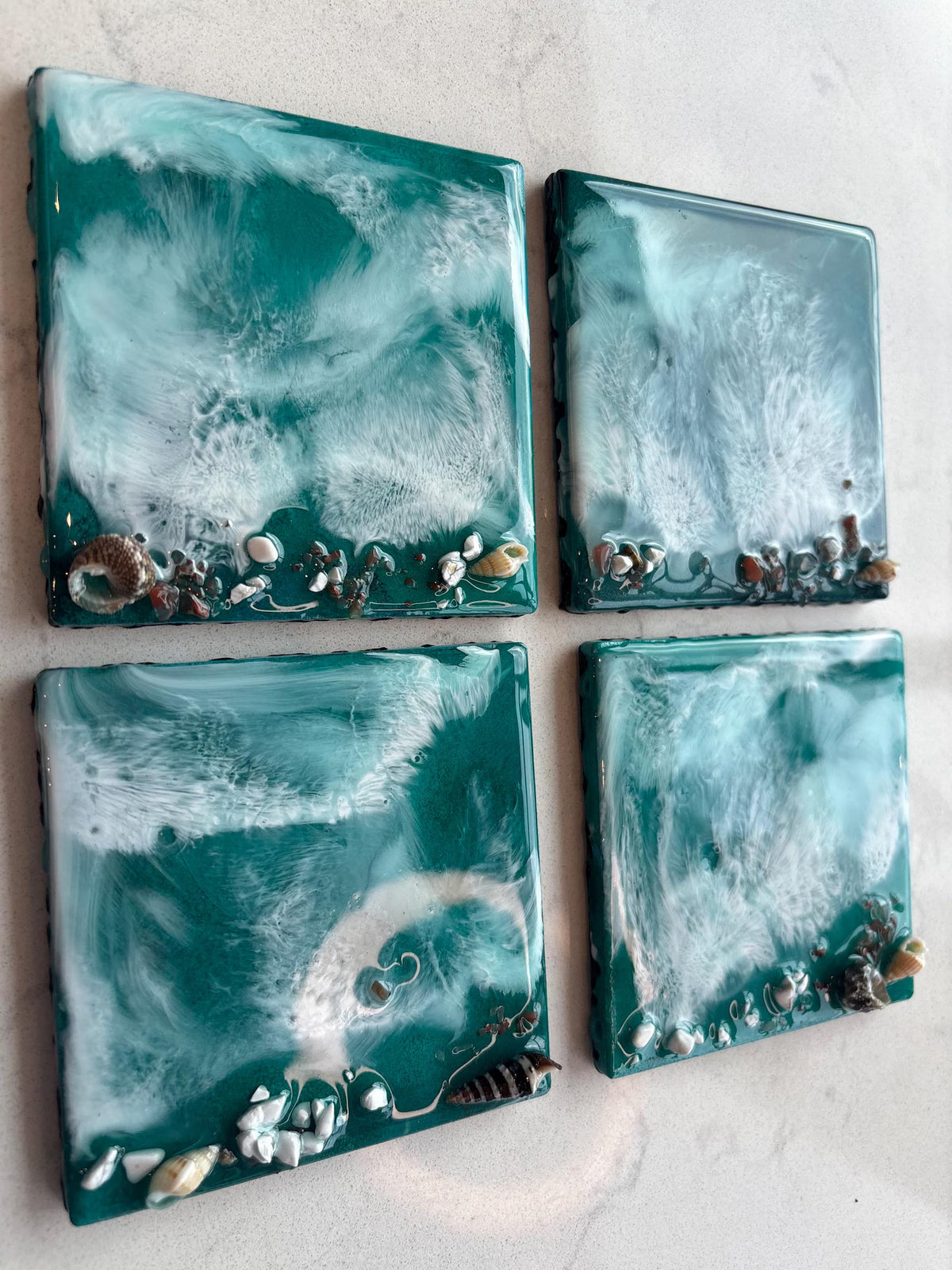 Teal Ocean Resin Coasters, Square Ceramic Beach Coasters, Shimmer Coastal Decor, Set of 4