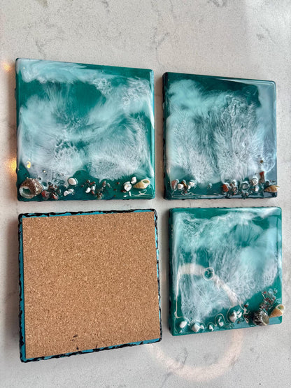 Teal Ocean Resin Coasters, Square Ceramic Beach Coasters, Shimmer Coastal Decor, Set of 4