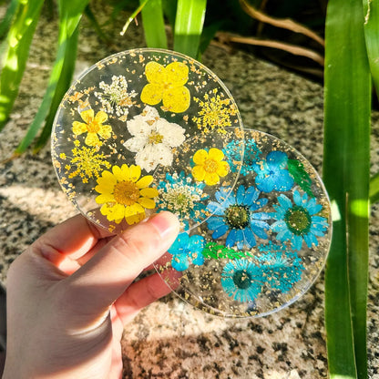 Handmade Pressed Flower Resin Coaster, Real Floral Botanical Decor, Gold Foil Drink Coaster, Personalized