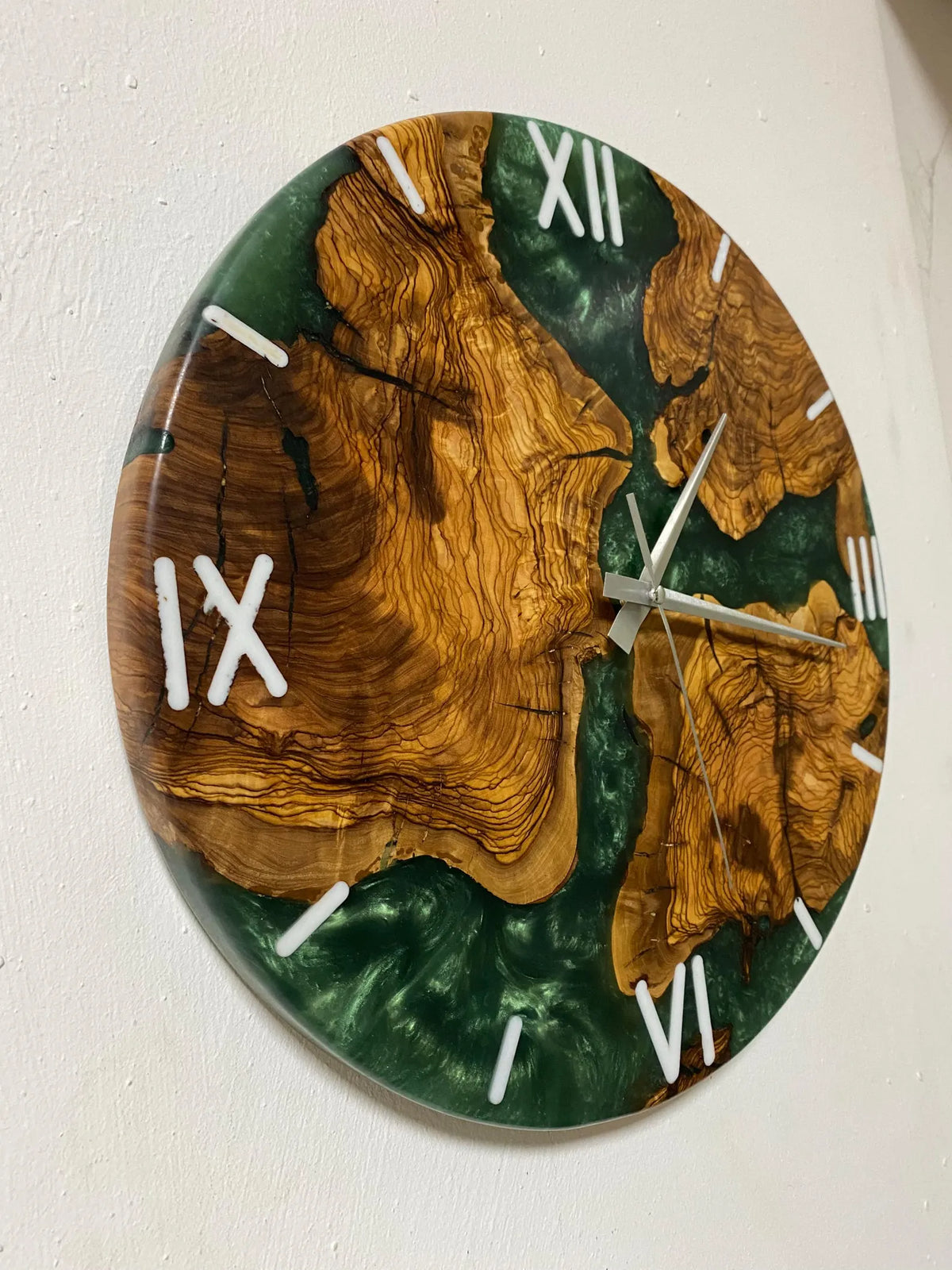 Handcrafted Olive Wood Resin Wall Clock, Green Epoxy Live Edge Rustic Modern Home Decor