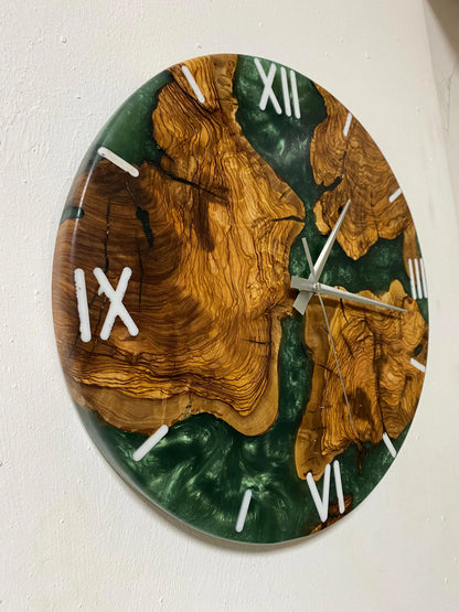 Handcrafted Olive Wood Resin Wall Clock, Green Epoxy Live Edge Rustic Modern Home Decor