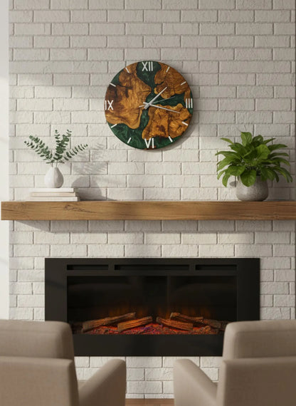 Handcrafted Olive Wood Resin Wall Clock, Green Epoxy Live Edge Rustic Modern Home Decor