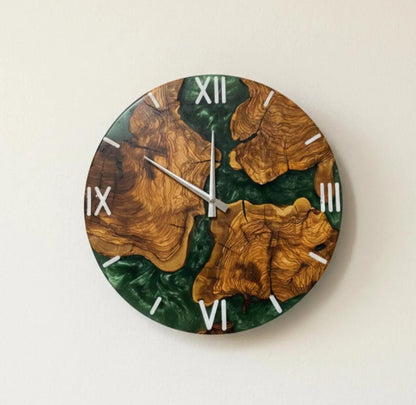 Handcrafted Olive Wood Resin Wall Clock, Green Epoxy Live Edge Rustic Modern Home Decor