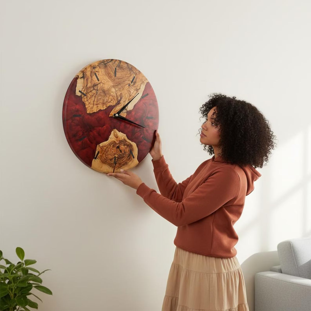 Handmade Epoxy Olive Wood Wall Clock, Unique Resin Art, Large Oversized Live Edge Rustic Decor