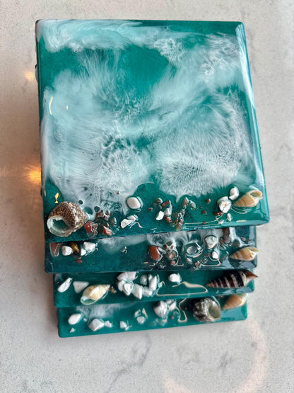 Teal Ocean Resin Coasters, Square Ceramic Beach Coasters, Shimmer Coastal Decor, Set of 4