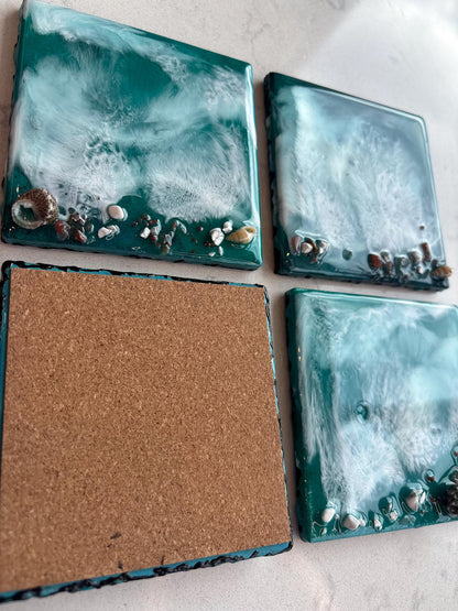 Teal Ocean Resin Coasters, Square Ceramic Beach Coasters, Shimmer Coastal Decor, Set of 4