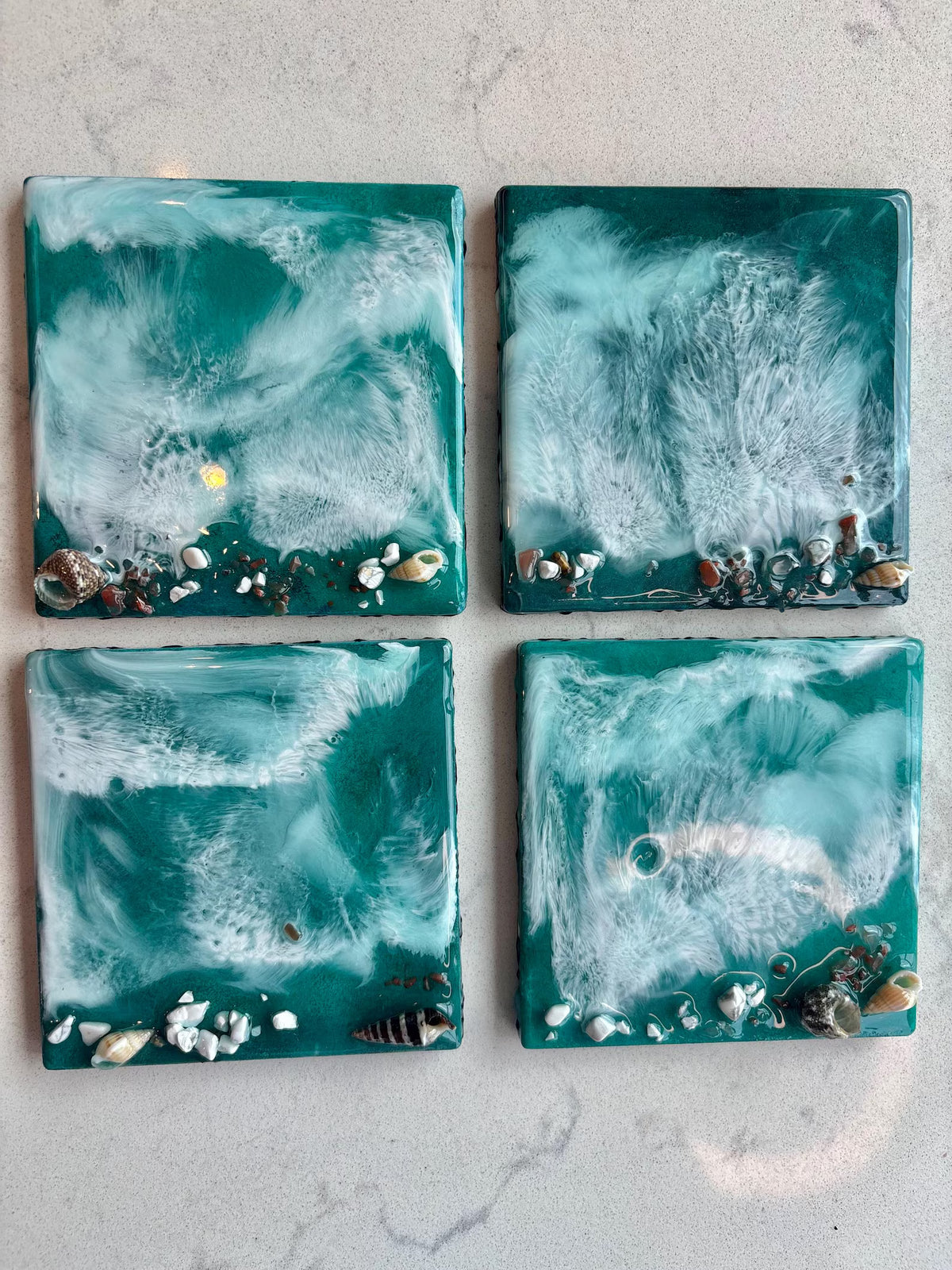Teal Ocean Resin Coasters, Square Ceramic Beach Coasters, Shimmer Coastal Decor, Set of 4