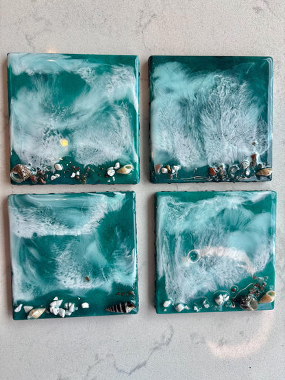 Teal Ocean Resin Coasters, Square Ceramic Beach Coasters, Shimmer Coastal Decor, Set of 4
