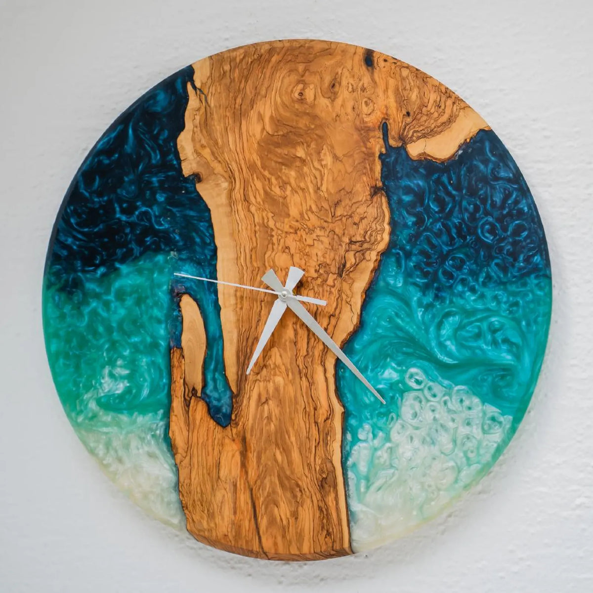 Handmade Epoxy Olive Wood Wall Clock, Custom Resin Art Clock, Rustic Modern Home Decor