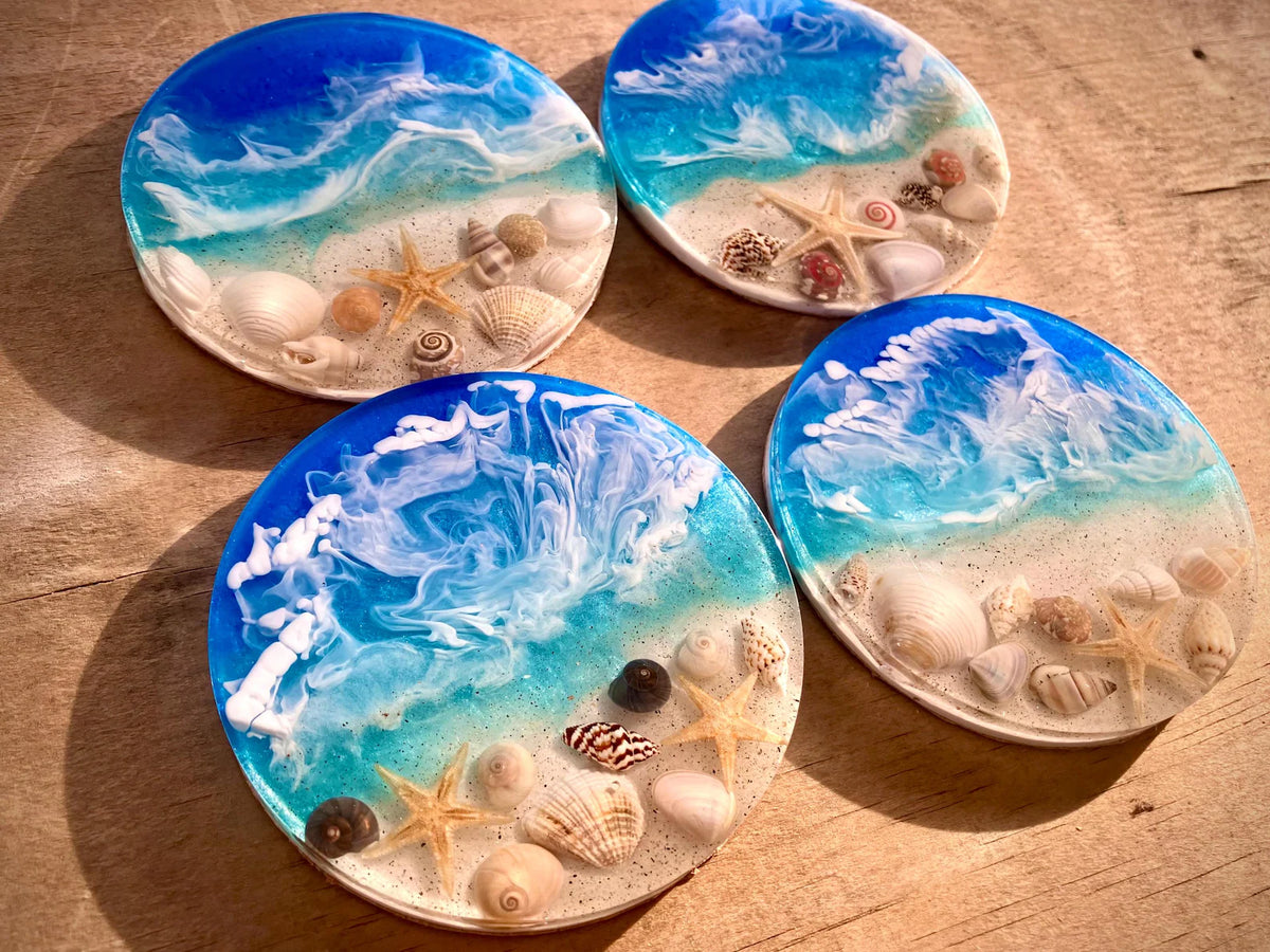 Ocean Resin Coasters, Handmade Seashell Beach Coasters, Coastal Table Decor, Unique Home Decoration