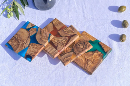 Olive Wood Resin Coaster, Handmade Epoxy Drink Coaster, Rustic Coffee Table Decor, Kitchen Home Accent