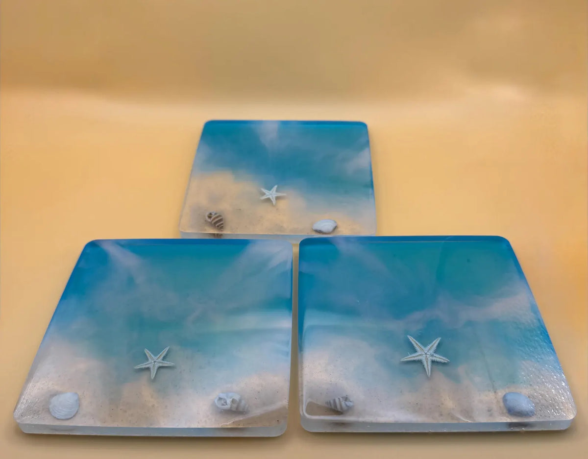 Ocean Resin Coaster, Square Round Seashell Design, Handmade Coastal Table Decor, Beach Inspired Home