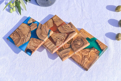 Olive Wood Resin Coaster, Handmade Epoxy Drink Coaster, Rustic Coffee Table Decor, Kitchen Home Accent
