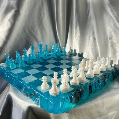 Handmade Luminous Resin Chess Set with Modern Crystal Pieces and Artistic Game Design