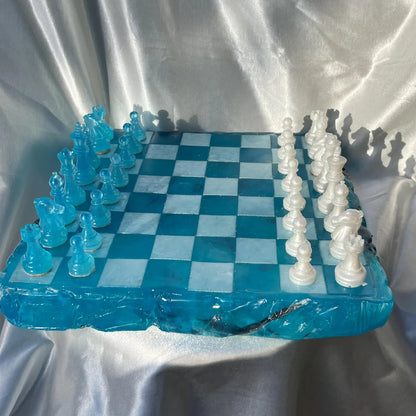 Handmade Luminous Resin Chess Set with Modern Crystal Pieces and Artistic Game Design