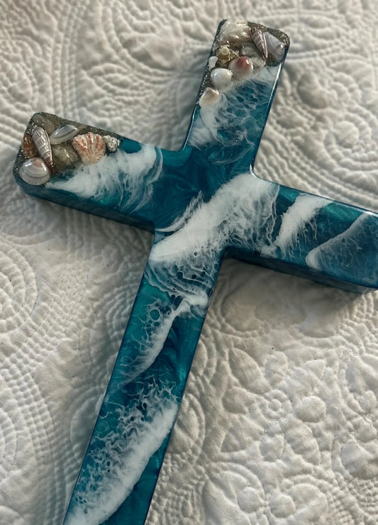 Handmade Ocean Resin Cross with Seashells, Live Edge Wood, Coastal Christian Decor, Unique Spiritual Gift