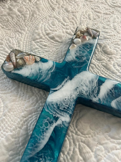 Handmade Ocean Resin Cross with Seashells, Live Edge Wood, Coastal Christian Decor, Unique Spiritual Gift