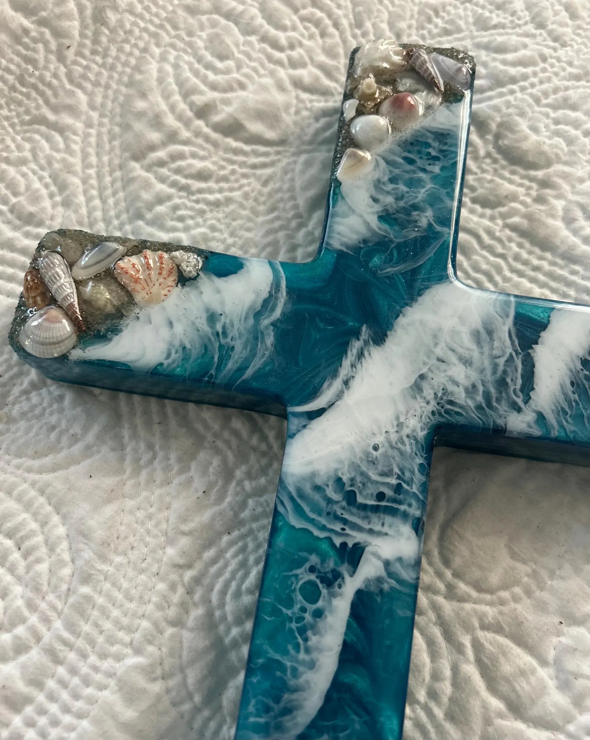 Handmade Ocean Resin Cross with Seashells, Live Edge Wood, Coastal Christian Decor, Unique Spiritual Gift