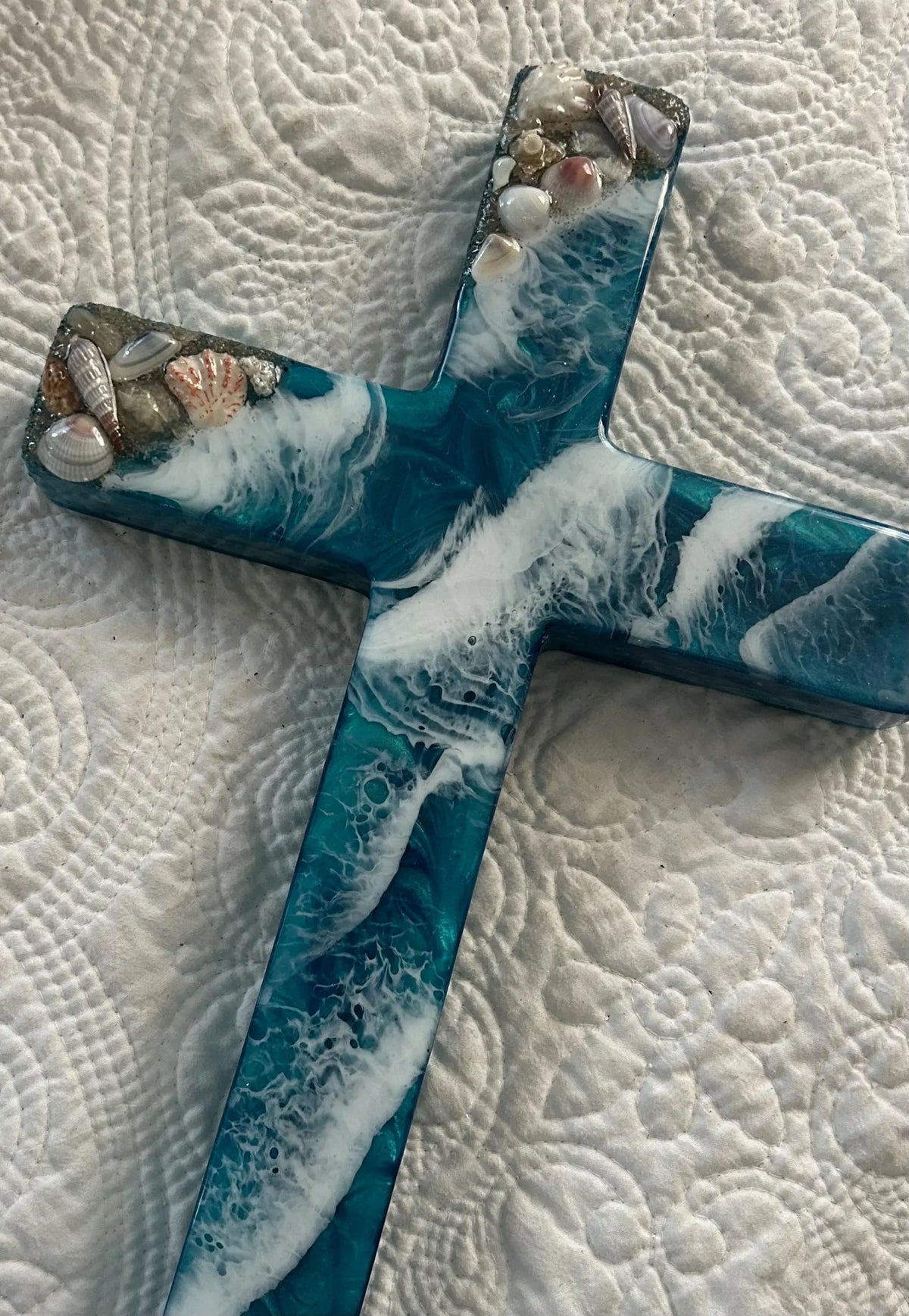 Handmade Ocean Resin Cross with Seashells, Live Edge Wood, Coastal Christian Decor, Unique Spiritual Gift