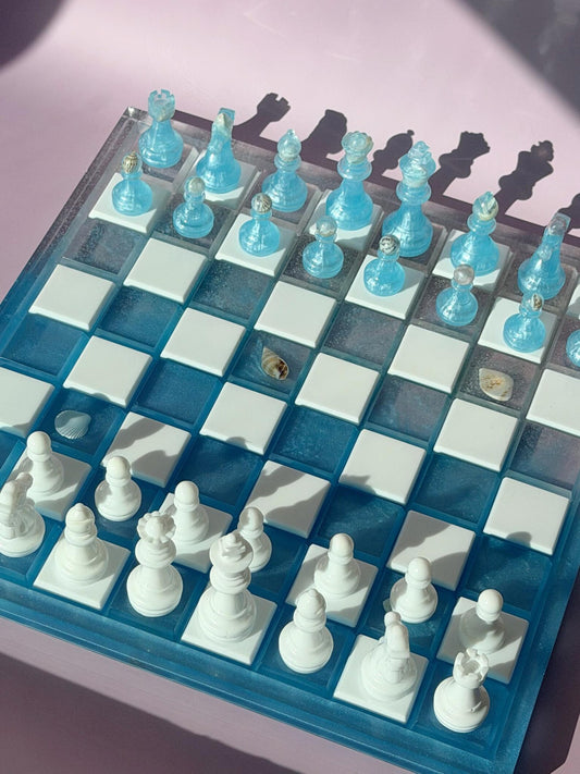 Unique Handmade Ocean Resin Chess Set with Luxury Epoxy Board and Artistic Wave Design