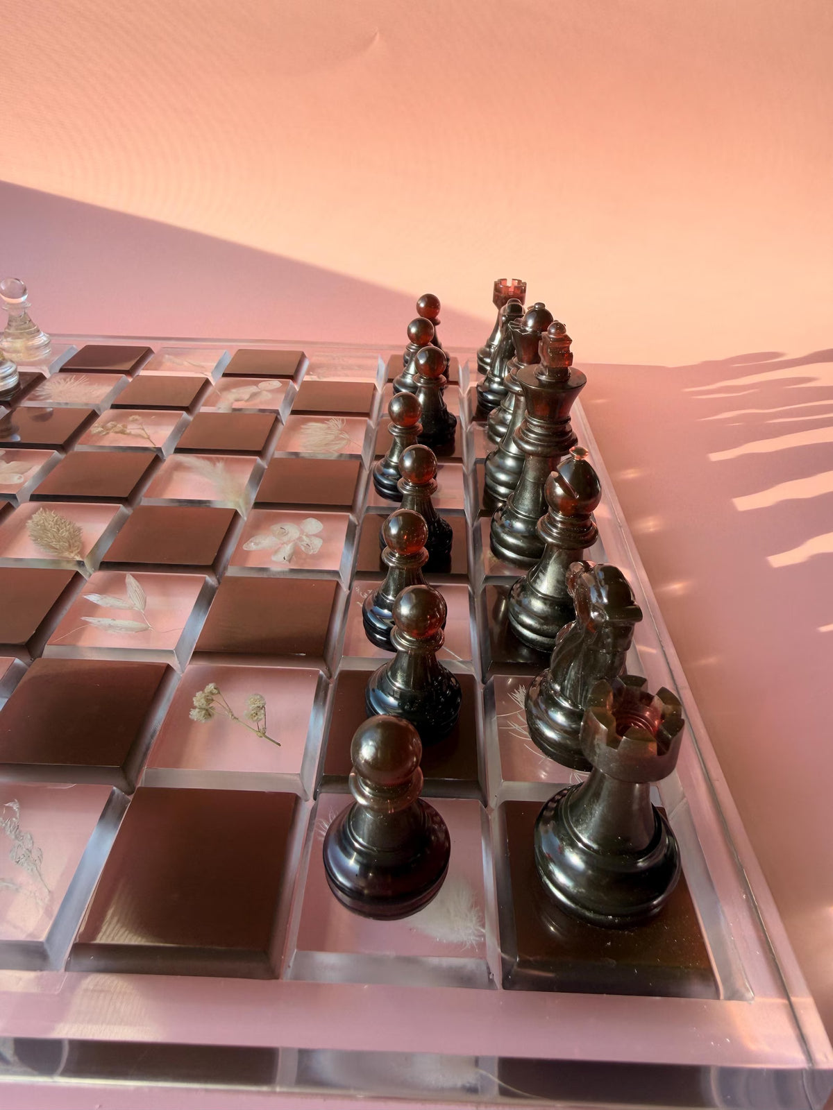 Custom Handmade Resin Chess Set with Dried Flowers and Elegant Modern Botanical Board Design