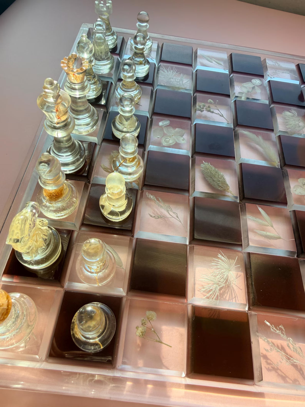 Custom Handmade Resin Chess Set with Dried Flowers and Elegant Modern Botanical Board Design