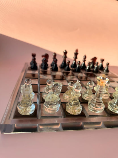 Custom Handmade Resin Chess Set with Dried Flowers and Elegant Modern Botanical Board Design
