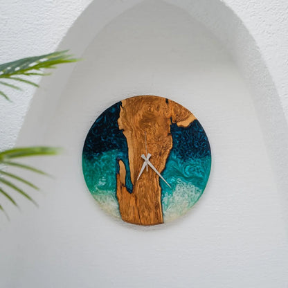 Handmade Epoxy Olive Wood Wall Clock, Custom Resin Art Clock, Rustic Modern Home Decor