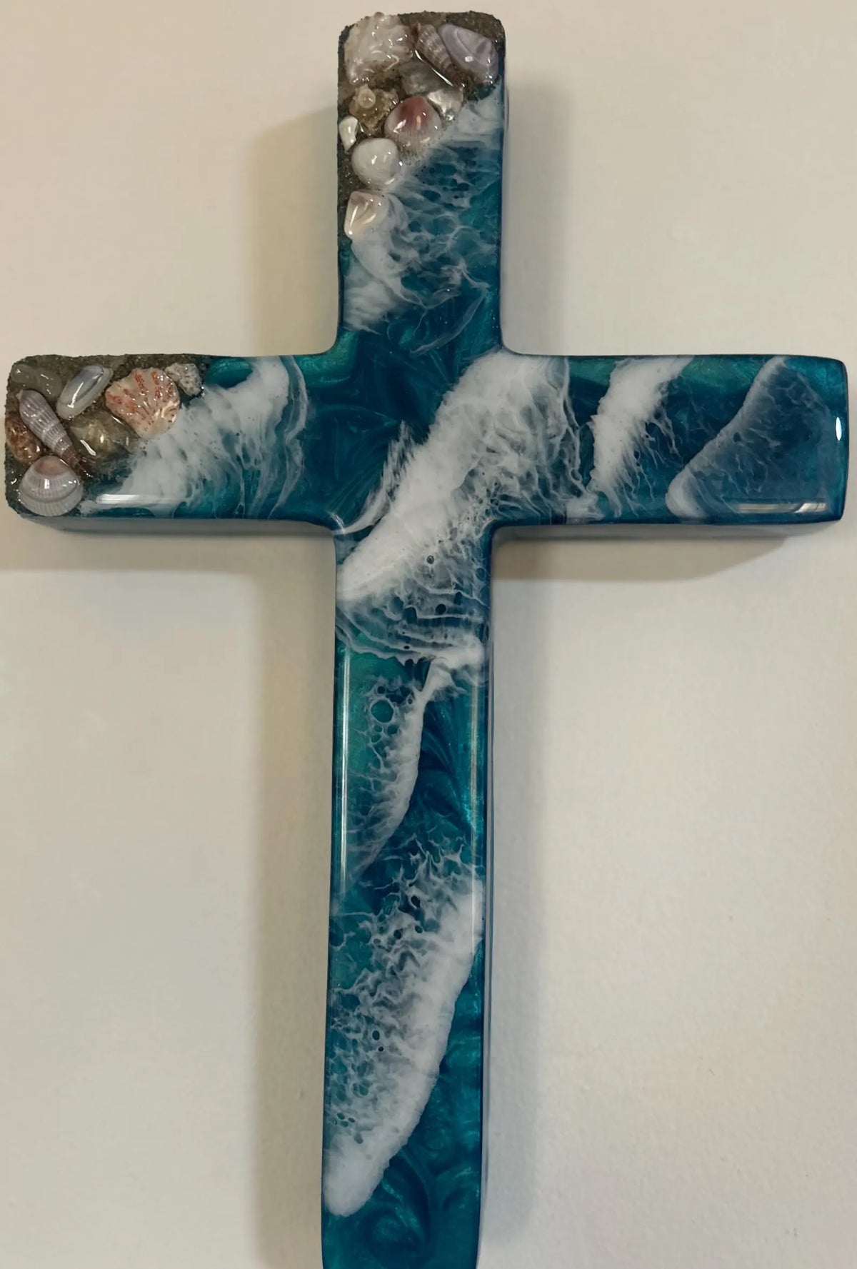 Handmade Ocean Resin Cross with Seashells, Live Edge Wood, Coastal Christian Decor, Unique Spiritual Gift