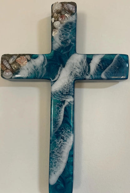 Handmade Ocean Resin Cross with Seashells, Live Edge Wood, Coastal Christian Decor, Unique Spiritual Gift