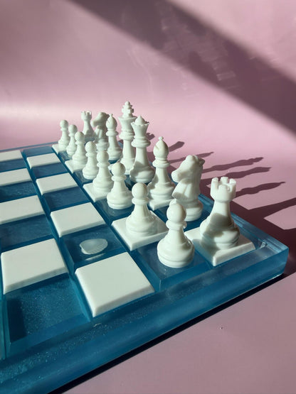 Unique Handmade Ocean Resin Chess Set with Luxury Epoxy Board and Artistic Wave Design