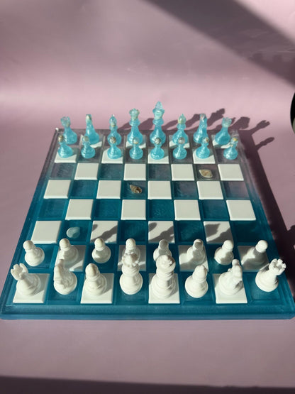 Unique Handmade Ocean Resin Chess Set with Luxury Epoxy Board and Artistic Wave Design