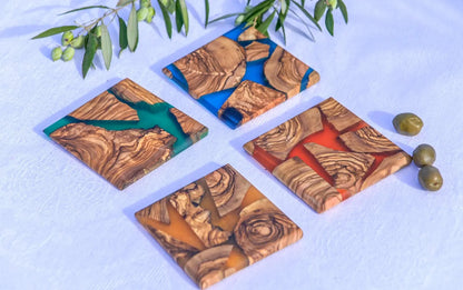 Olive Wood Resin Coaster, Handmade Epoxy Drink Coaster, Rustic Coffee Table Decor, Kitchen Home Accent