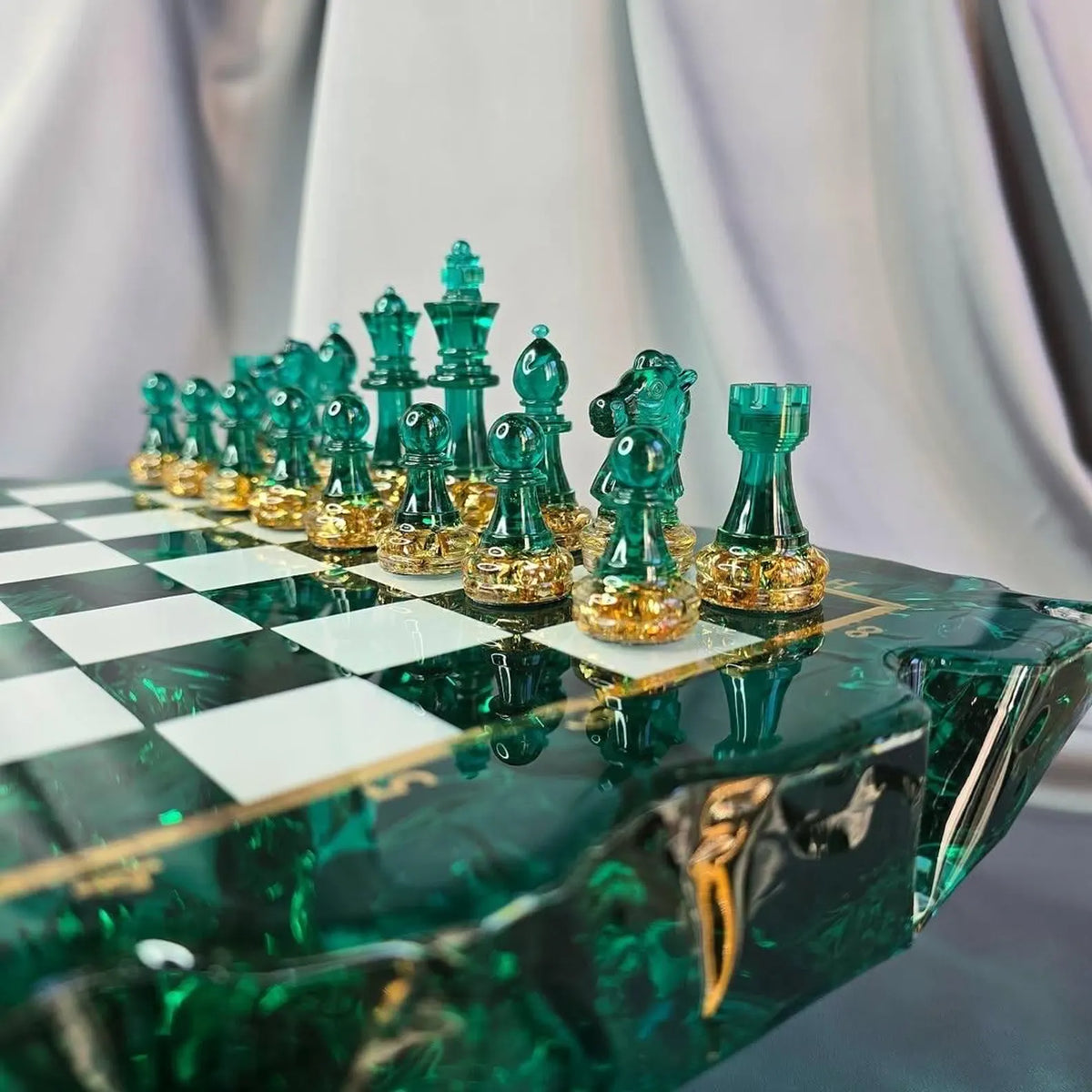 Handmade Ocean Ice Resin Chess Set with Modern Blue Epoxy Art Game Board Design