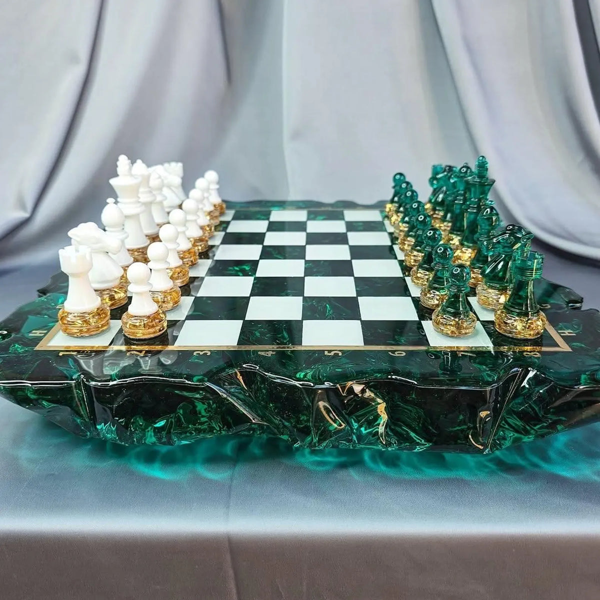 Handmade Ocean Ice Resin Chess Set with Modern Blue Epoxy Art Game Board Design