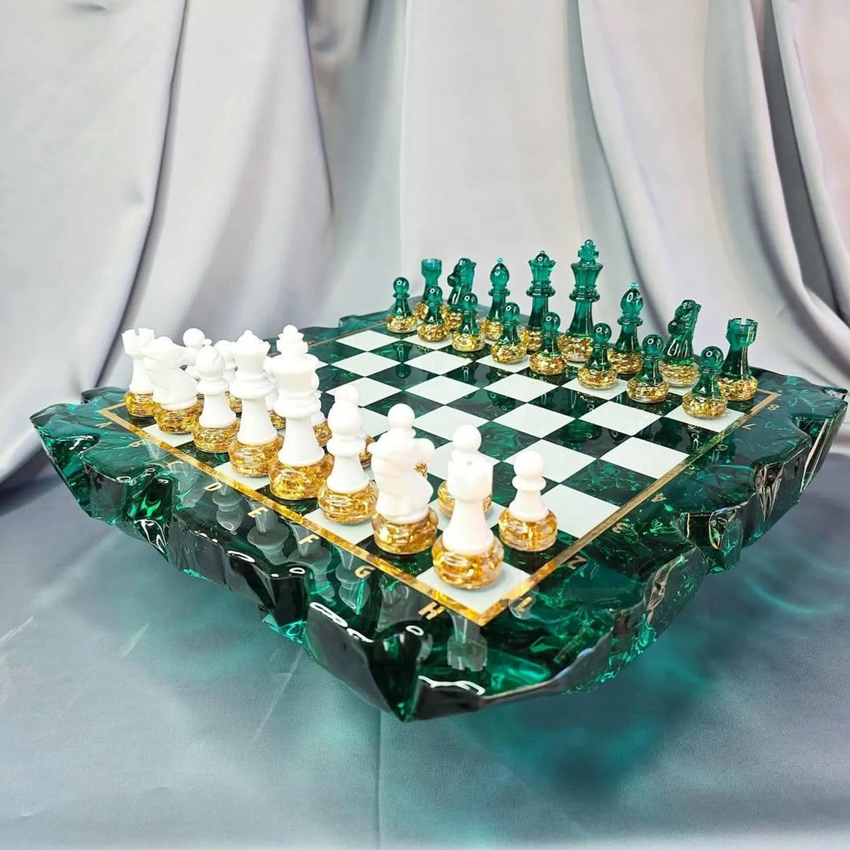 Handmade Ocean Ice Resin Chess Set with Modern Blue Epoxy Art Game Board Design