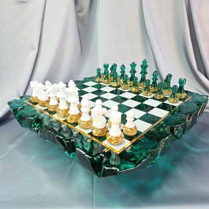 Handmade Ocean Ice Resin Chess Set with Modern Blue Epoxy Art Game Board Design