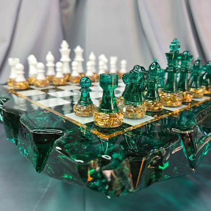 Handmade Ocean Ice Resin Chess Set with Modern Blue Epoxy Art Game Board Design